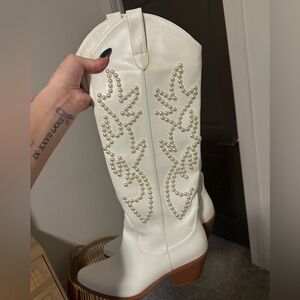 White Cowgirl Boots - Size 8, custom pearled